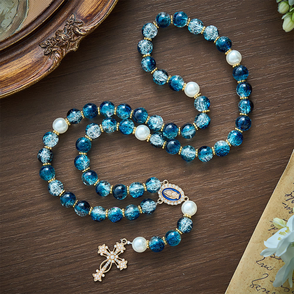 SolaceBeads Gradient Ocean Crackle Glass Rosary &amp; Pearl Embedded Cross: Rooted in Guadalupe Faith - image 8