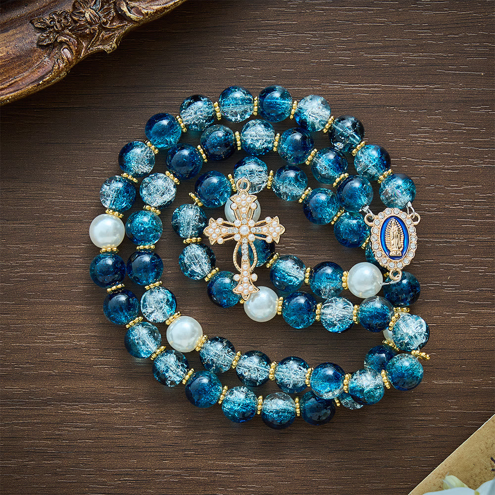 SolaceBeads Gradient Ocean Crackle Glass Rosary &amp; Pearl Embedded Cross: Rooted in Guadalupe Faith - image 5