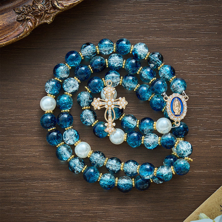 SolaceBeads Gradient Ocean Crackle Glass Rosary &amp; Pearl Embedded Cross: Rooted in Guadalupe Faith - image 5