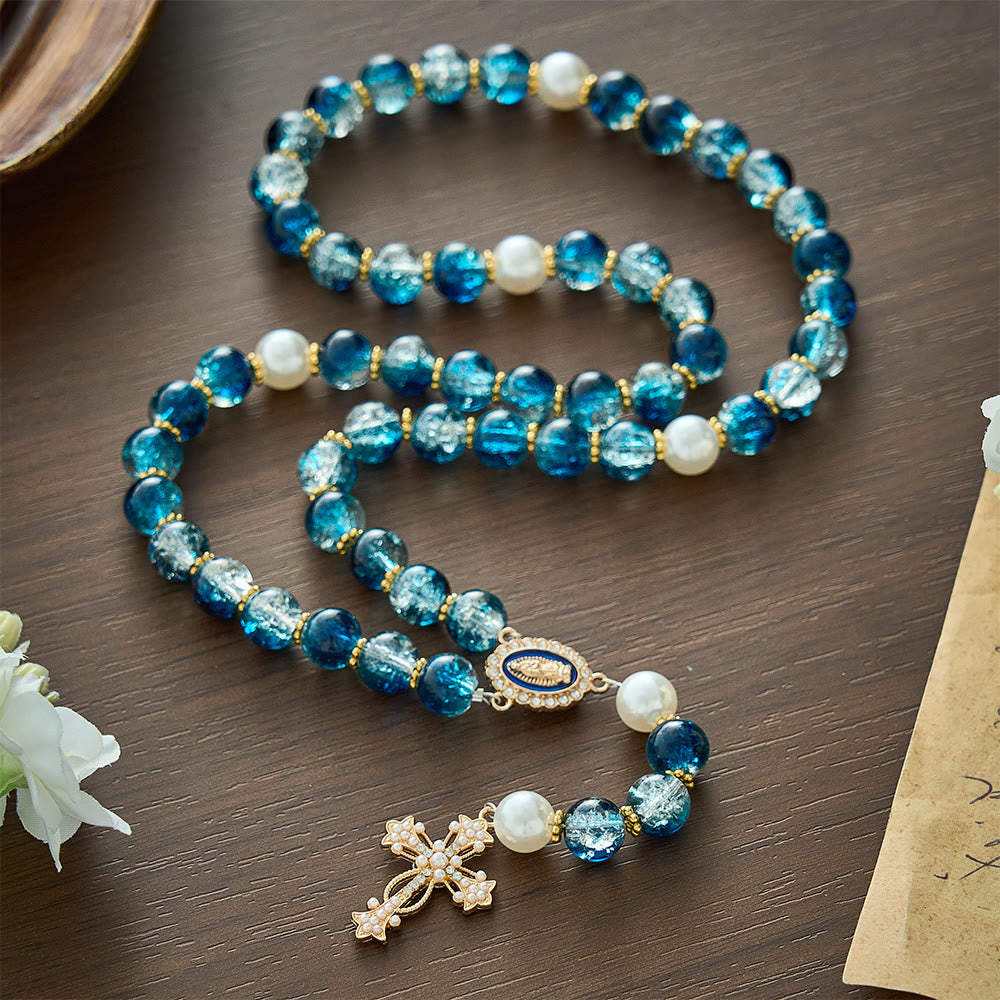 SolaceBeads Gradient Ocean Crackle Glass Rosary & Pearl Embedded Cross: Rooted in Guadalupe Faith - Blue - image 0