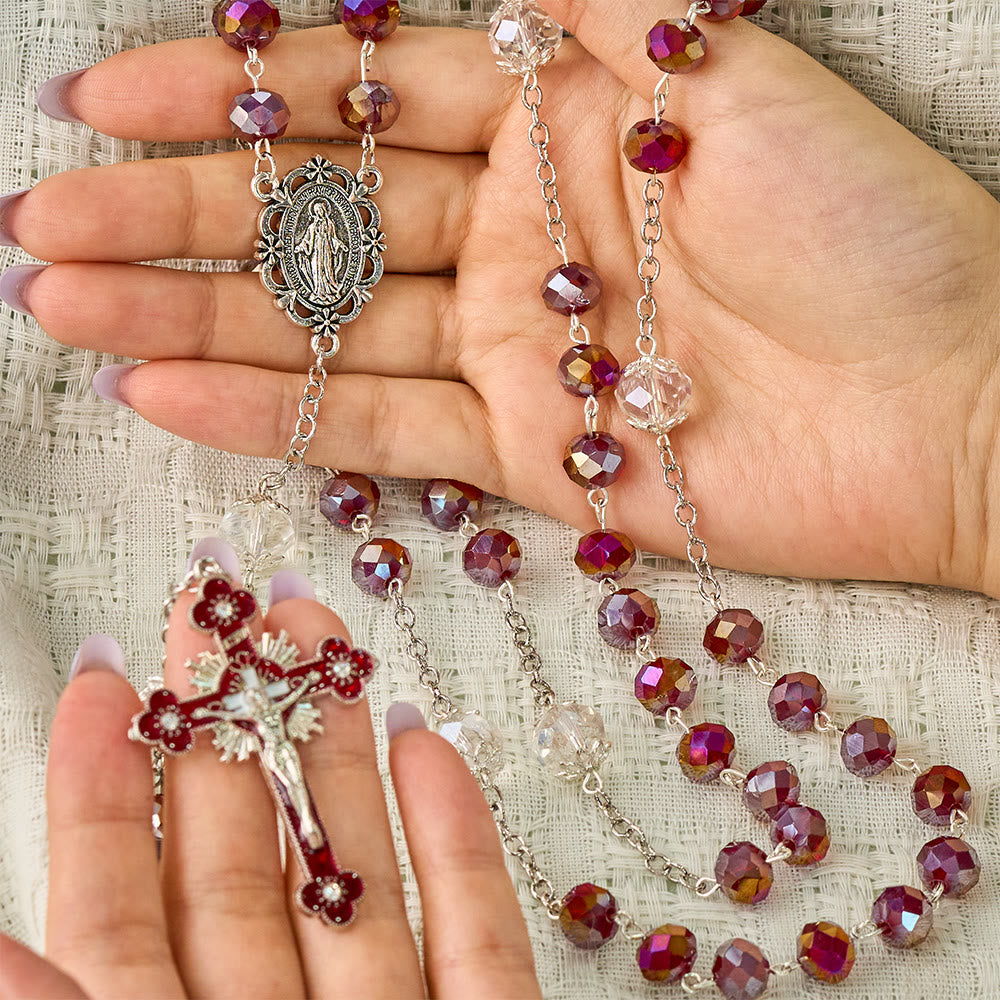 SolaceBeads Red AB Crystal Rosary,  Miraculous Medal &amp; Red Crucifix: Radiant Scarlet Shining Devotion - image 1