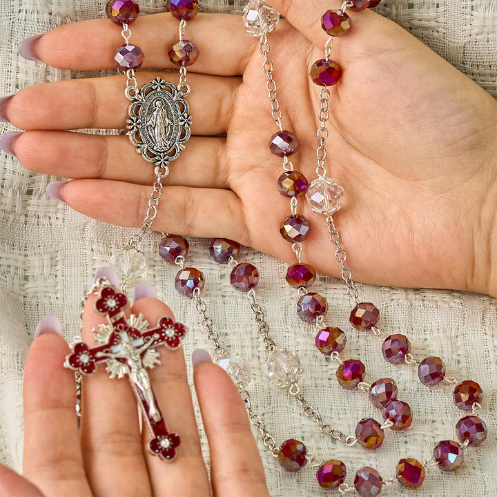 SolaceBeads Red AB Crystal Rosary,  Miraculous Medal &amp; Red Crucifix: Radiant Scarlet Shining Devotion - image 1