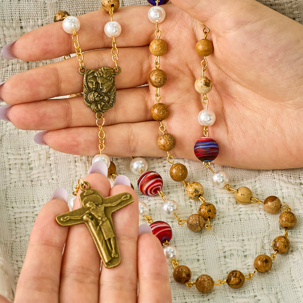 SolaceBeads Natural Picture Stone Rosary, Pearl &amp; Swirl Glass, Pietà Cross: Steadfast Spiritual Prayer - image 1