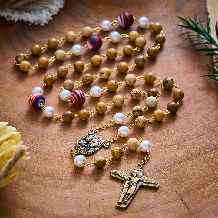 SolaceBeads Natural Picture Stone Rosary, Pearl &amp; Swirl Glass, Pietà Cross: Steadfast Spiritual Prayer - image 9