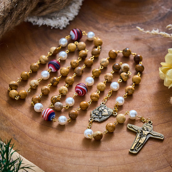 SolaceBeads Natural Picture Stone Rosary, Pearl &amp; Swirl Glass, Pietà Cross: Steadfast Spiritual Prayer - image 3