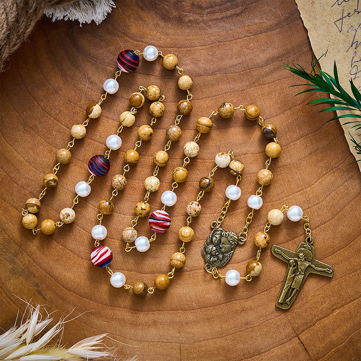 SolaceBeads Natural Picture Stone Rosary, Pearl &amp; Swirl Glass, Pietà Cross: Steadfast Spiritual Prayer - image 2