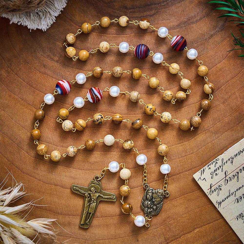 SolaceBeads Natural Picture Stone Rosary, Pearl & Swirl Glass, Pietà Cross: Steadfast Spiritual Prayer - Golden Brown - image 0