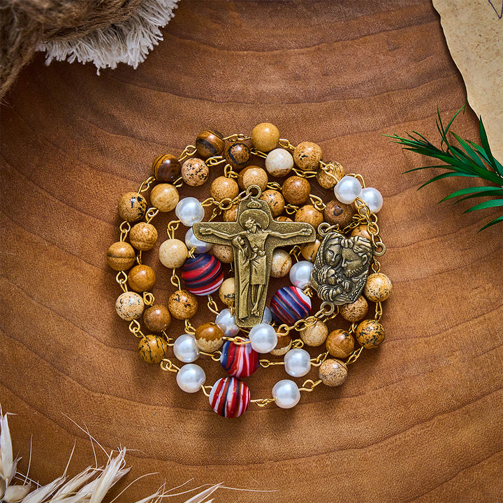 SolaceBeads Natural Picture Stone Rosary, Pearl &amp; Swirl Glass, Pietà Cross: Steadfast Spiritual Prayer - image 8