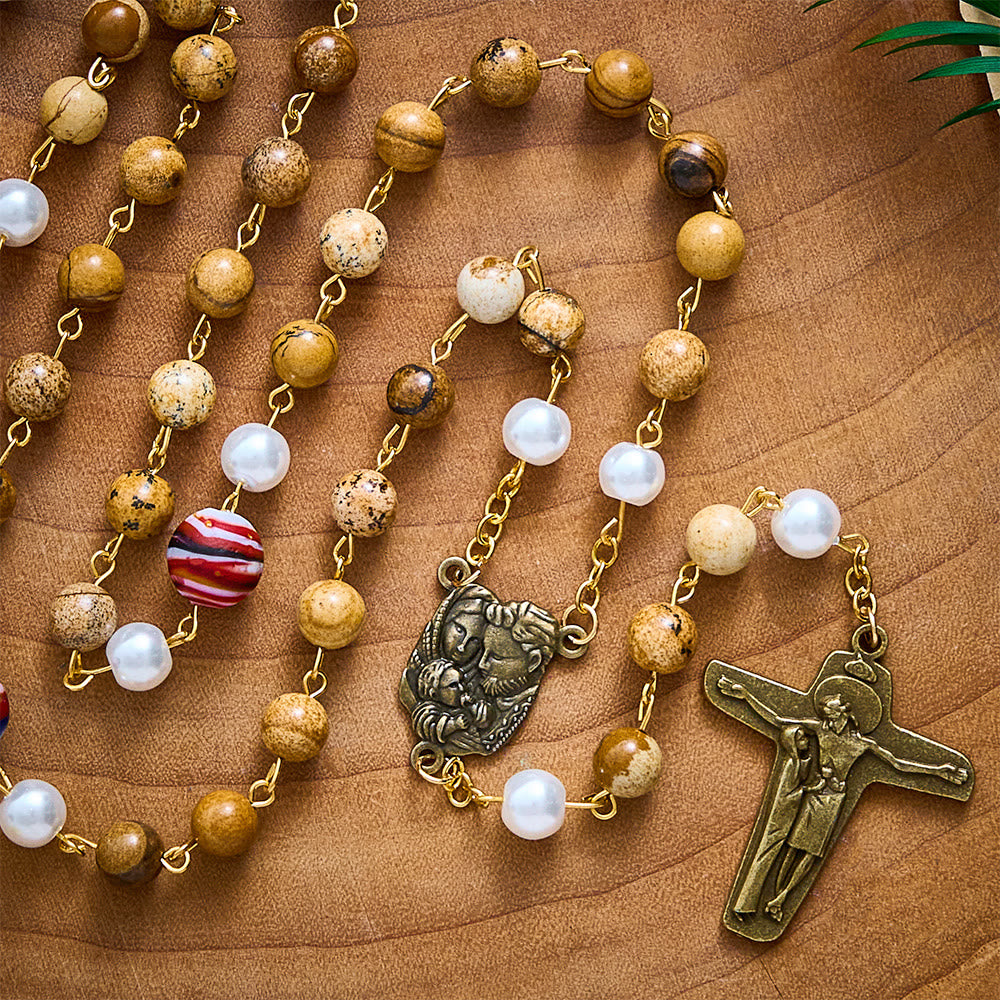 SolaceBeads Natural Picture Stone Rosary, Pearl &amp; Swirl Glass, Pietà Cross: Steadfast Spiritual Prayer - image 4