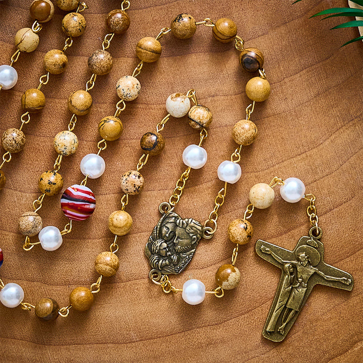 SolaceBeads Natural Picture Stone Rosary, Pearl &amp; Swirl Glass, Pietà Cross: Steadfast Spiritual Prayer - image 4