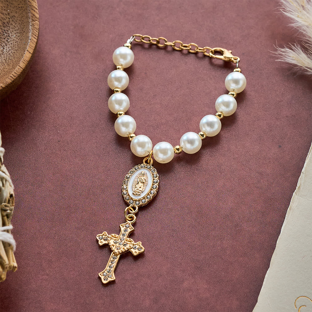 SolaceBeads Cream White Car Rosary & Sacred Heart Cross: Blessed by Guadalupe quiet traveling grace - White - image 0