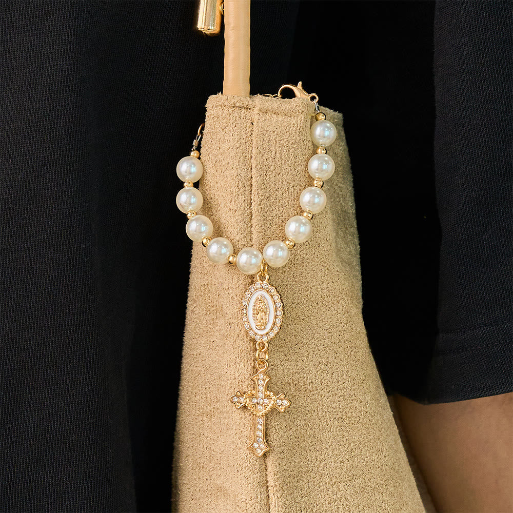 SolaceBeads Cream White Car Rosary &amp; Sacred Heart Cross: Blessed by Guadalupe quiet traveling grace - image 8