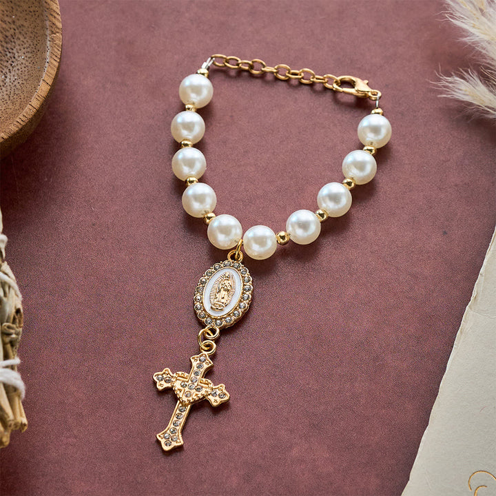 SolaceBeads Cream White Car Rosary &amp; Sacred Heart Cross: Blessed by Guadalupe quiet traveling grace - White - image 0