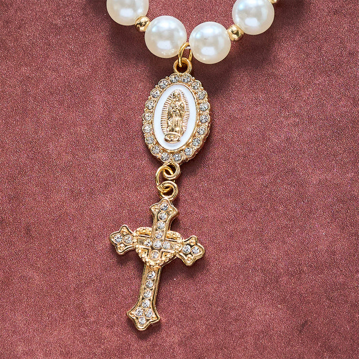 SolaceBeads Cream White Car Rosary &amp; Sacred Heart Cross: Blessed by Guadalupe quiet traveling grace - image 2