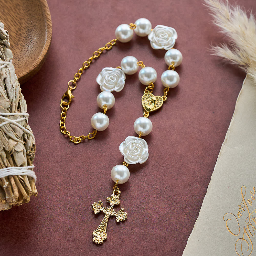 SolaceBeads Dual Use Car &amp; Bag Rosary, Pearl Rose Accents, Miraculous Medal Cross: Safe Travel Blessing - image 2