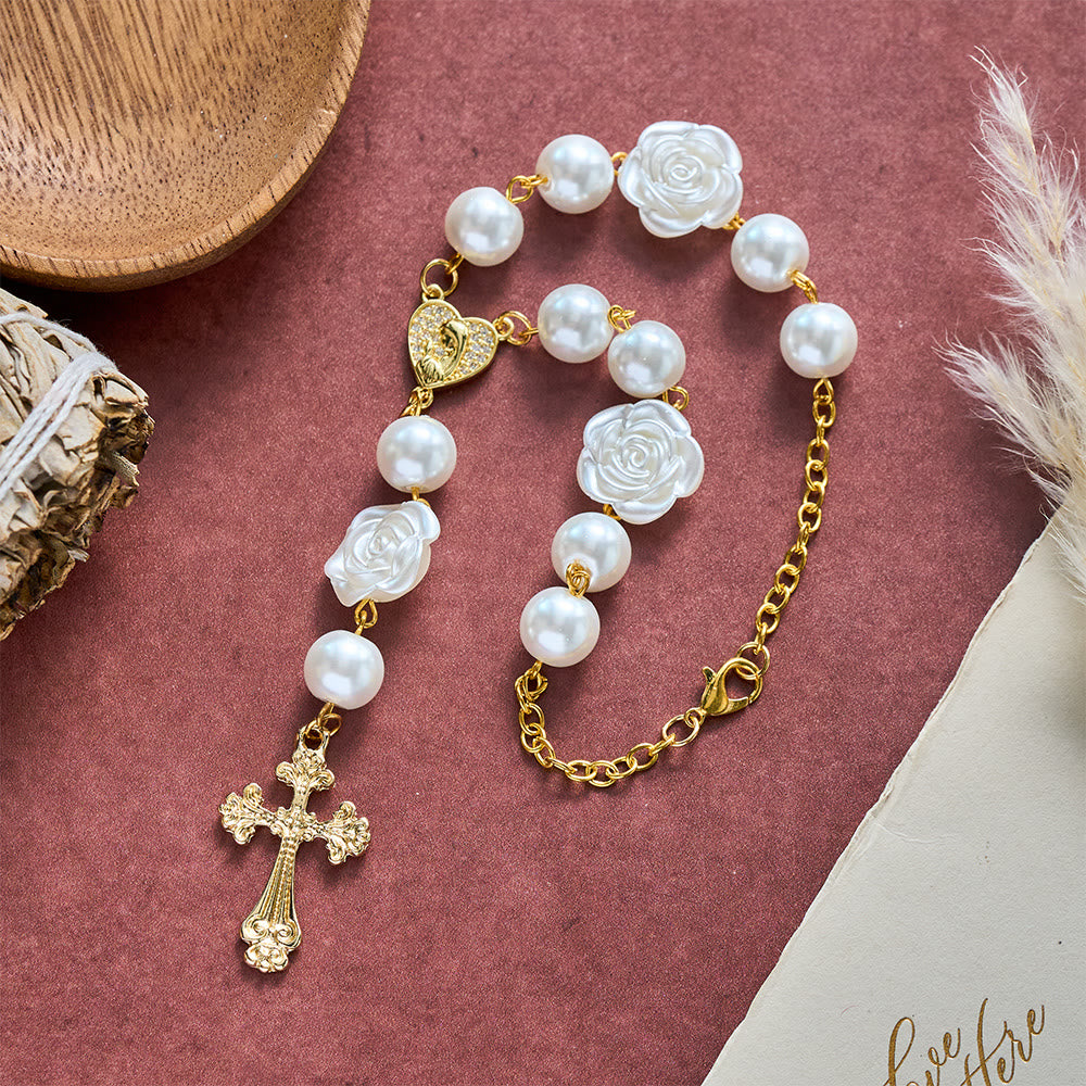 SolaceBeads Dual Use Car &amp; Bag Rosary, Pearl Rose Accents, Miraculous Medal Cross: Safe Travel Blessing - image 3