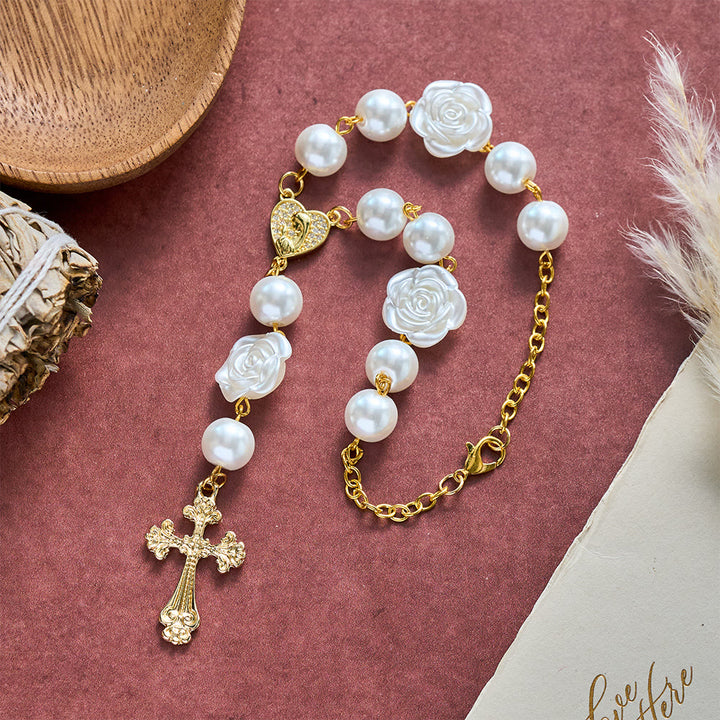 SolaceBeads Dual Use Car &amp; Bag Rosary, Pearl Rose Accents, Miraculous Medal Cross: Safe Travel Blessing - image 3