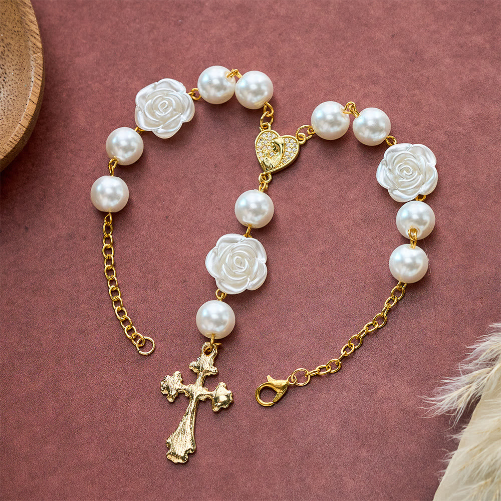 SolaceBeads Dual Use Car & Bag Rosary, Pearl Rose Accents, Miraculous Medal Cross: Safe Travel Blessing - White - image 0