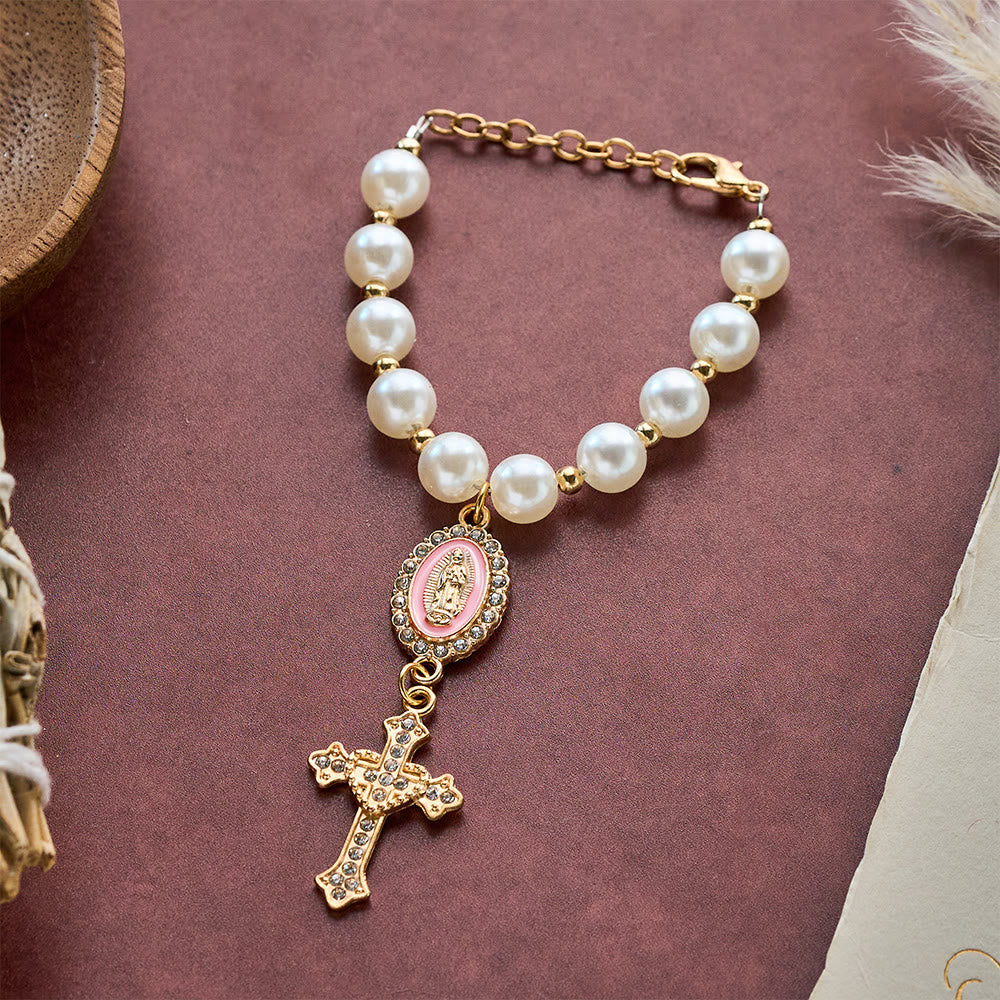 SolaceBeads Cream White Car Rosary &amp; Sacred Heart Cross: Blessed by Guadalupe quiet traveling grace - Pink - image 1