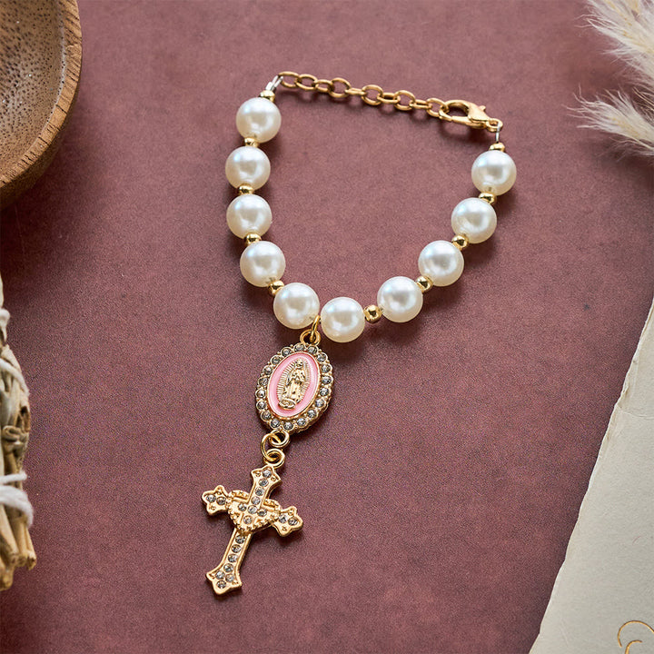 SolaceBeads Cream White Car Rosary &amp; Sacred Heart Cross: Blessed by Guadalupe quiet traveling grace - Pink - image 1