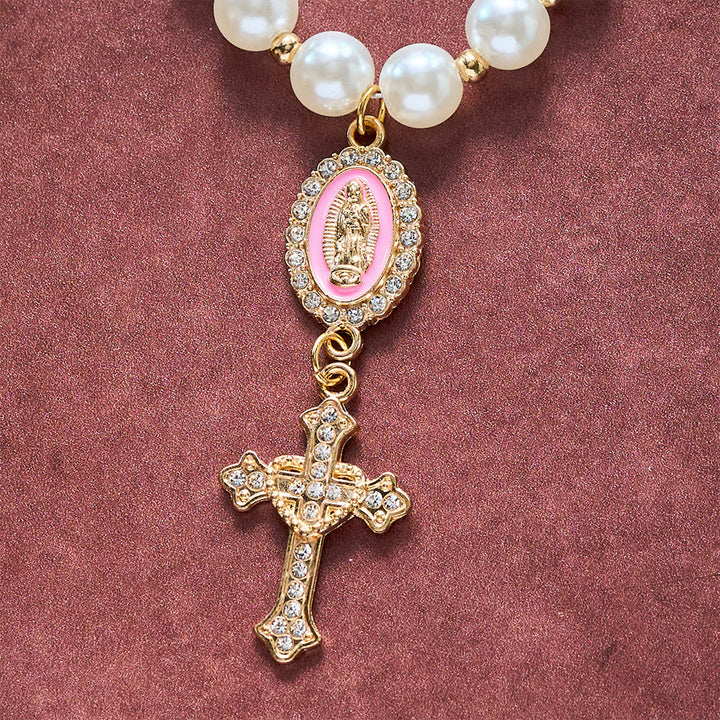 SolaceBeads Cream White Car Rosary &amp; Sacred Heart Cross: Blessed by Guadalupe quiet traveling grace - image 17
