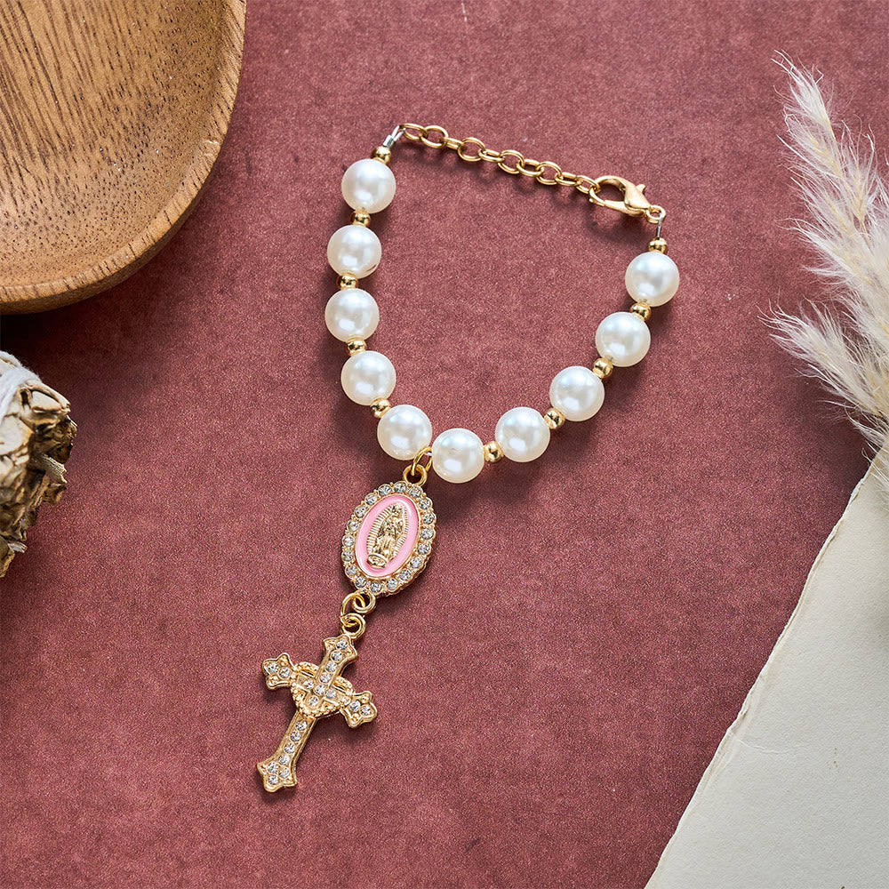 SolaceBeads Cream White Car Rosary &amp; Sacred Heart Cross: Blessed by Guadalupe quiet traveling grace - image 25