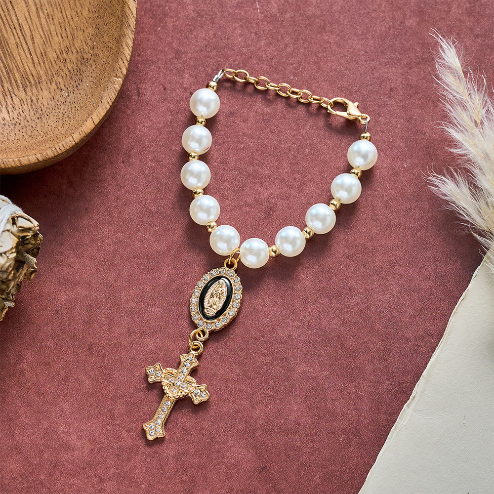SolaceBeads Cream White Car Rosary &amp; Sacred Heart Cross: Blessed by Guadalupe quiet traveling grace - image 26
