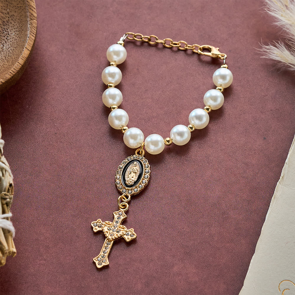SolaceBeads Cream White Car Rosary &amp; Sacred Heart Cross: Blessed by Guadalupe quiet traveling grace - Black - image 2