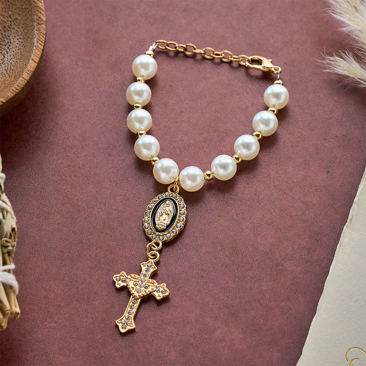 SolaceBeads Cream White Car Rosary &amp; Sacred Heart Cross: Blessed by Guadalupe quiet traveling grace - Black - image 2