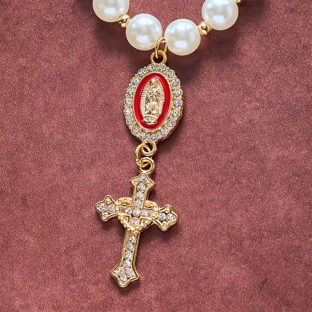 SolaceBeads Cream White Car Rosary &amp; Sacred Heart Cross: Blessed by Guadalupe quiet traveling grace - image 19