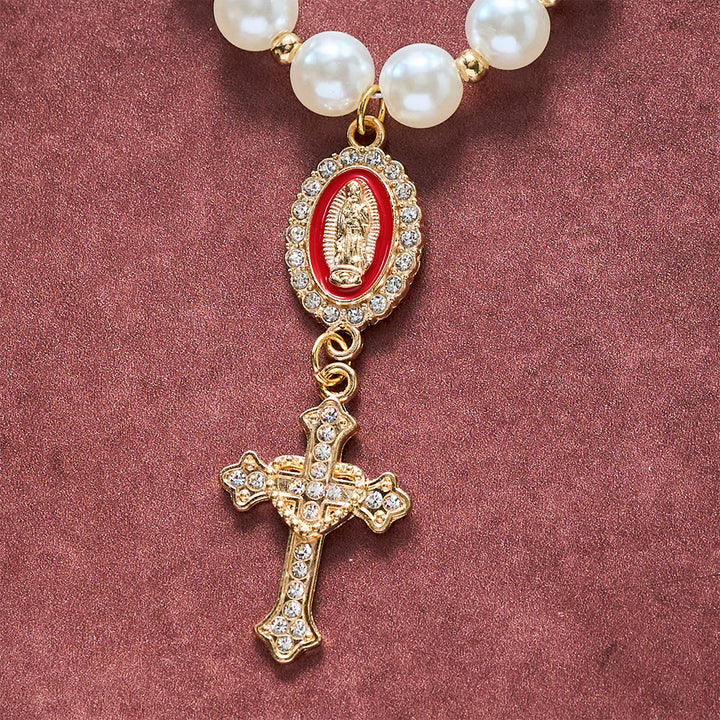 SolaceBeads Cream White Car Rosary &amp; Sacred Heart Cross: Blessed by Guadalupe quiet traveling grace - image 19