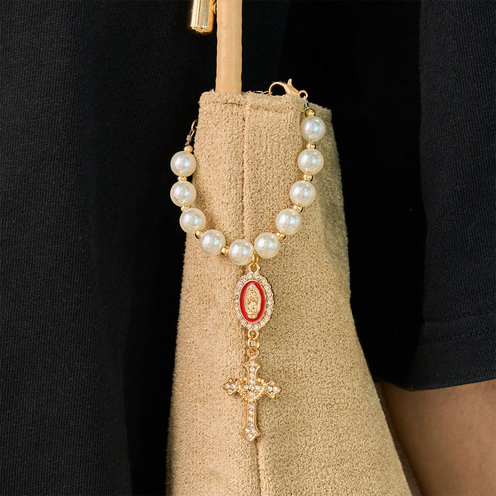 SolaceBeads Cream White Car Rosary &amp; Sacred Heart Cross: Blessed by Guadalupe quiet traveling grace - image 11