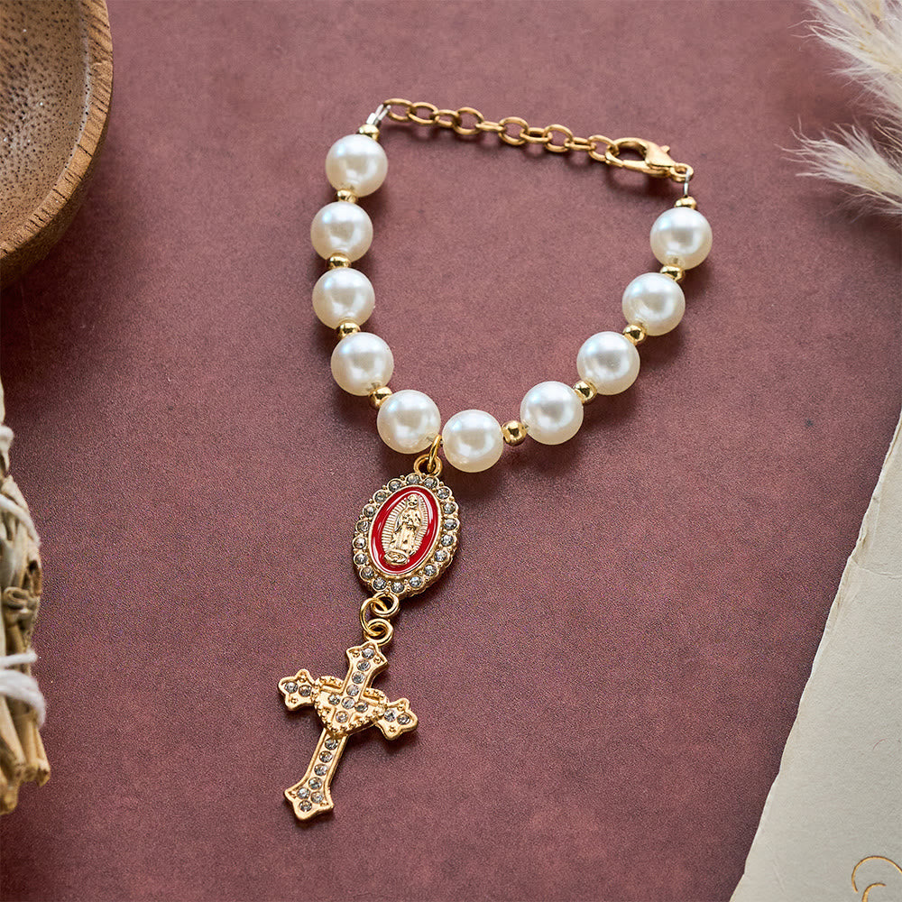 SolaceBeads Cream White Car Rosary &amp; Sacred Heart Cross: Blessed by Guadalupe quiet traveling grace - Red - image 3