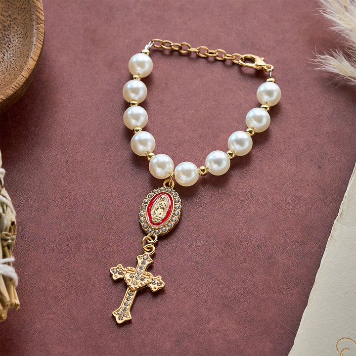 SolaceBeads Cream White Car Rosary &amp; Sacred Heart Cross: Blessed by Guadalupe quiet traveling grace - Red - image 3