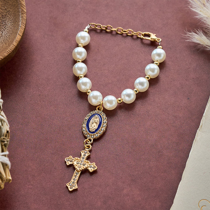 SolaceBeads Cream White Car Rosary &amp; Sacred Heart Cross: Blessed by Guadalupe quiet traveling grace - Blue - image 4