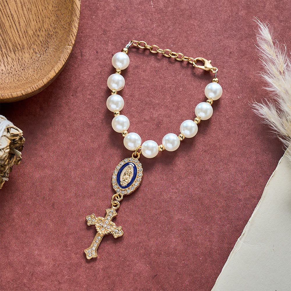 SolaceBeads Cream White Car Rosary &amp; Sacred Heart Cross: Blessed by Guadalupe quiet traveling grace - image 28