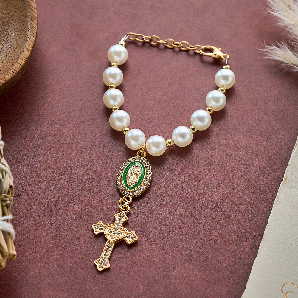 SolaceBeads Cream White Car Rosary &amp; Sacred Heart Cross: Blessed by Guadalupe quiet traveling grace - Green - image 5