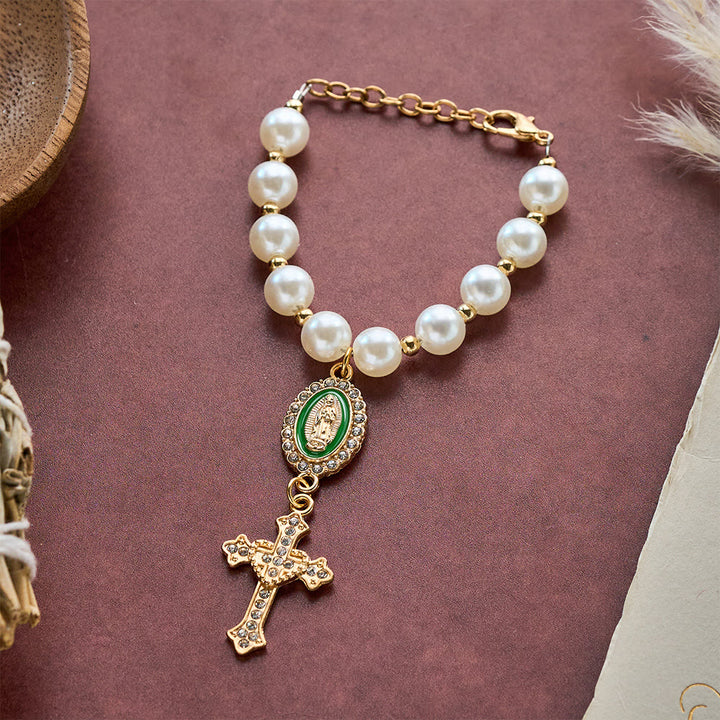 SolaceBeads Cream White Car Rosary &amp; Sacred Heart Cross: Blessed by Guadalupe quiet traveling grace - Green - image 5