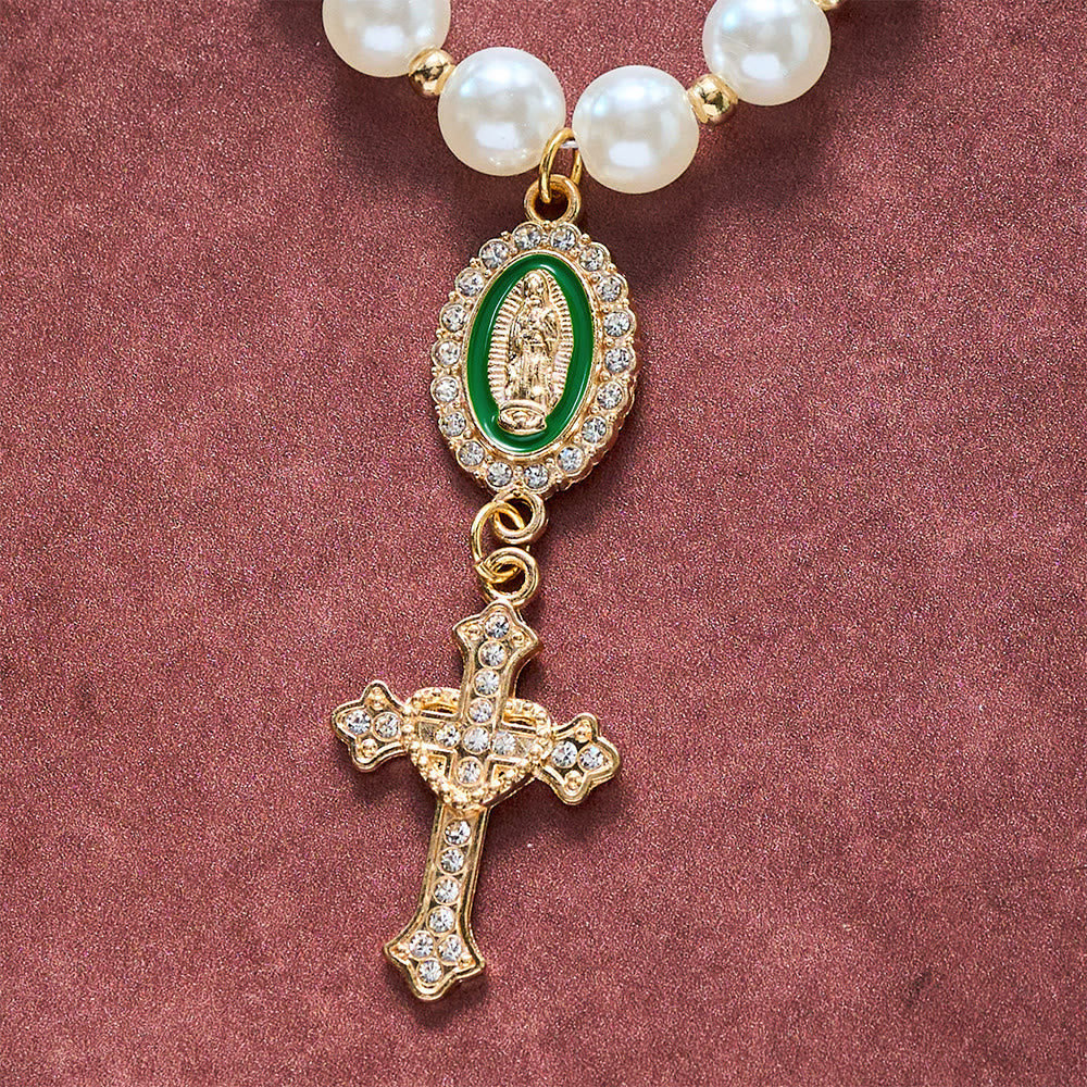 SolaceBeads Cream White Car Rosary &amp; Sacred Heart Cross: Blessed by Guadalupe quiet traveling grace - image 21