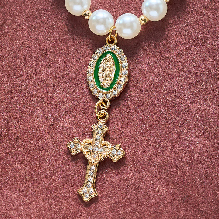 SolaceBeads Cream White Car Rosary &amp; Sacred Heart Cross: Blessed by Guadalupe quiet traveling grace - image 21
