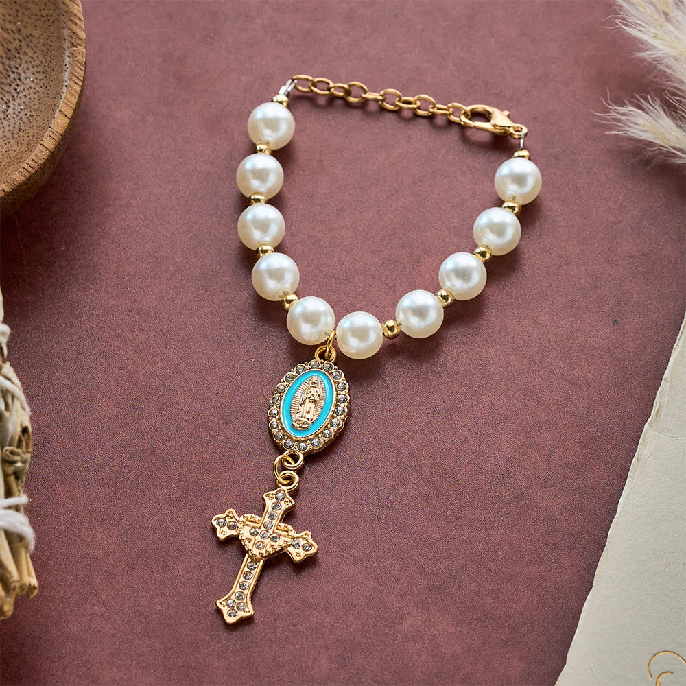 SolaceBeads Cream White Car Rosary &amp; Sacred Heart Cross: Blessed by Guadalupe quiet traveling grace - Azure - image 6