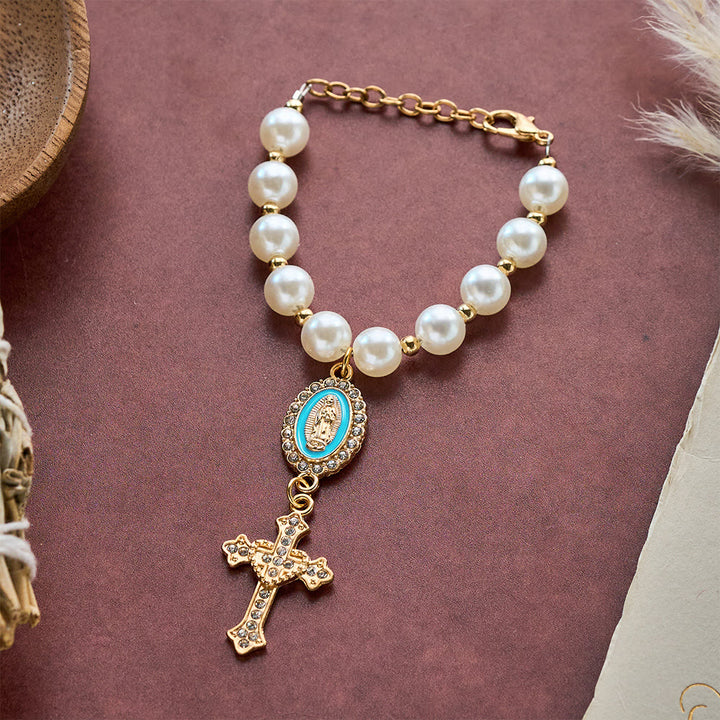 SolaceBeads Cream White Car Rosary &amp; Sacred Heart Cross: Blessed by Guadalupe quiet traveling grace - Azure - image 6