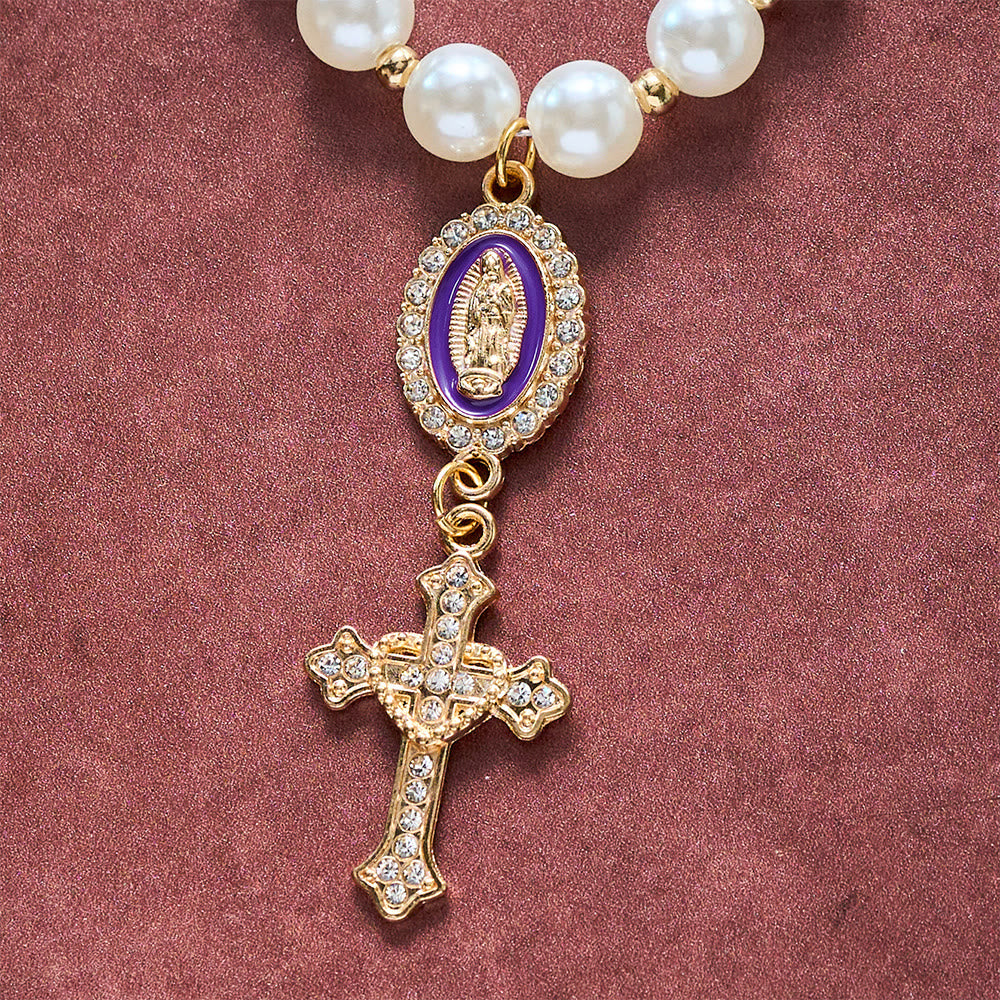 SolaceBeads Cream White Car Rosary &amp; Sacred Heart Cross: Blessed by Guadalupe quiet traveling grace - image 23