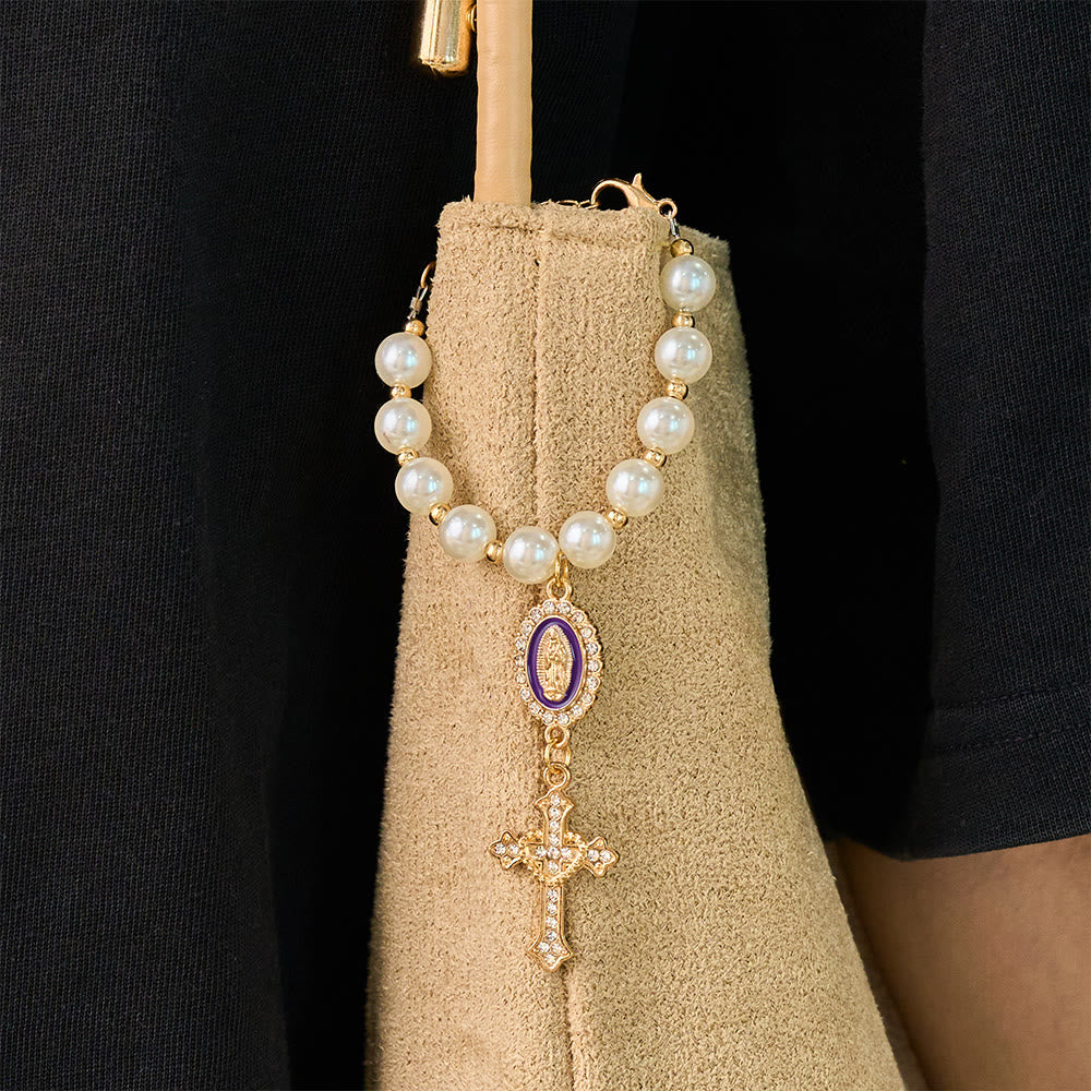SolaceBeads Cream White Car Rosary &amp; Sacred Heart Cross: Blessed by Guadalupe quiet traveling grace - image 15