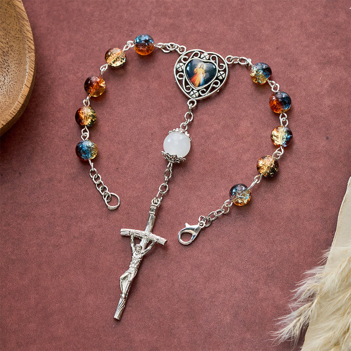 SolaceBeads Divine Mercy Blue Orange Yellow Crackle Glass Bead Car Rosary: Blessed by merciful grace - Blue &amp; Orange - image 0