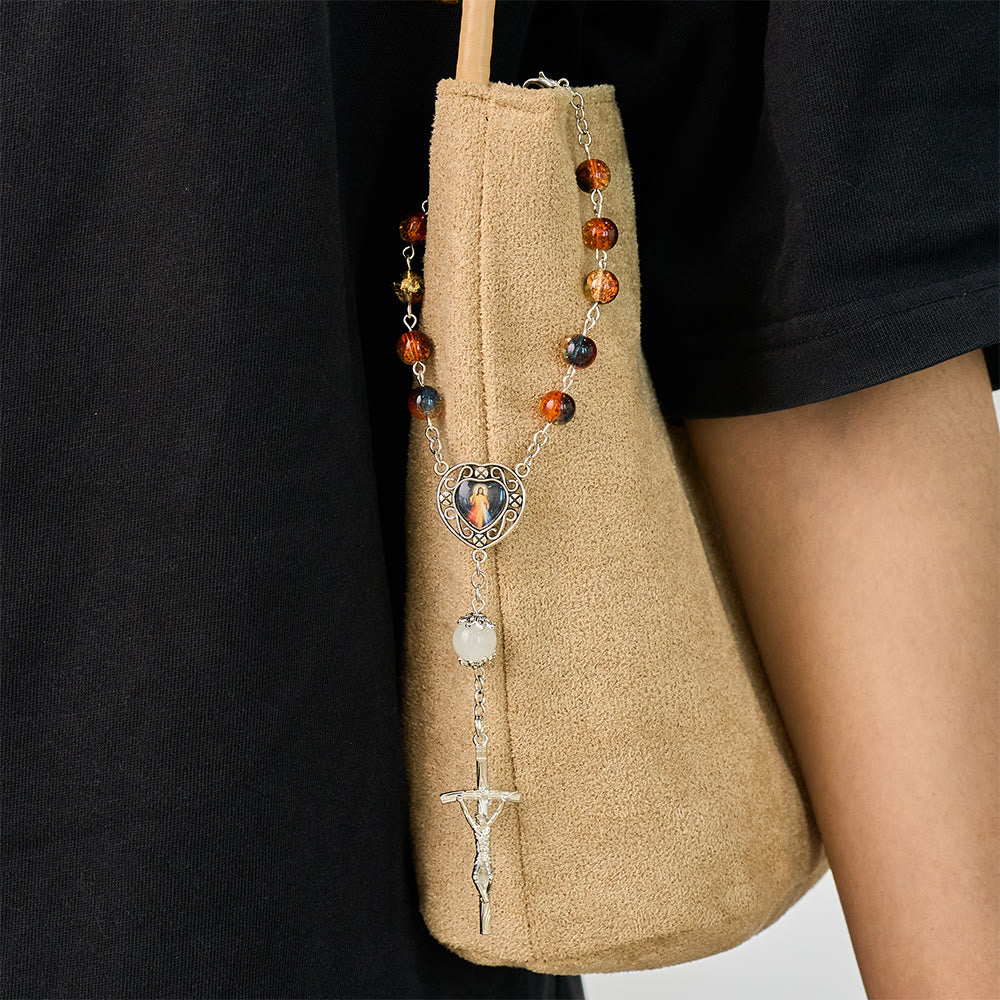 SolaceBeads Divine Mercy Blue Orange Yellow Crackle Glass Bead Car Rosary: Blessed by merciful grace - image 1