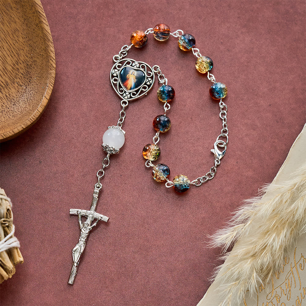 SolaceBeads Divine Mercy Blue Orange Yellow Crackle Glass Bead Car Rosary: Blessed by merciful grace - image 6