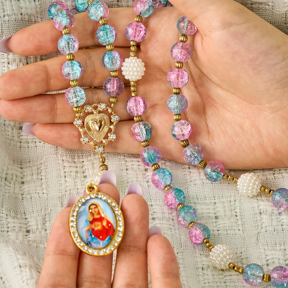 Solacebeads 7 Sorrows Pink Blue Crackle Glass Rosary Chaplet: Blessed By Mairan Sorrowful Grace - image 1