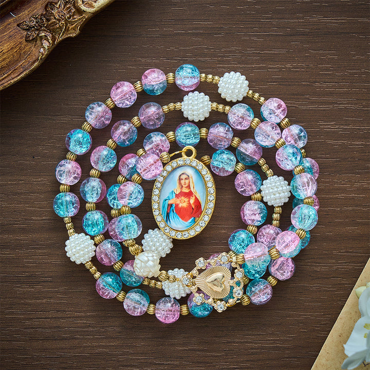 Solacebeads 7 Sorrows Pink Blue Crackle Glass Rosary Chaplet: Blessed By Mairan Sorrowful Grace - image 6