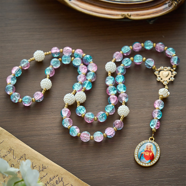 Solacebeads 7 Sorrows Pink Blue Crackle Glass Rosary Chaplet: Blessed By Mairan Sorrowful Grace - image 9